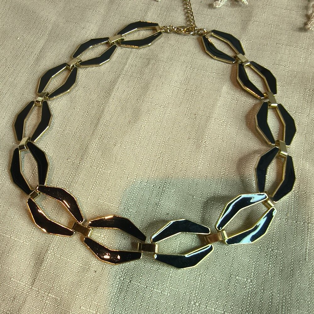 Gold Tone Black Enamel Collar Necklace